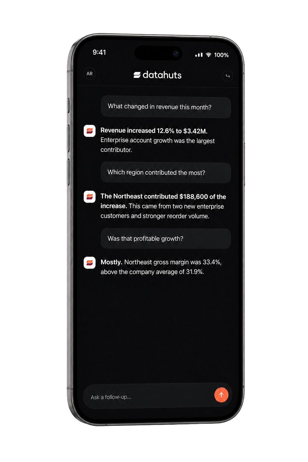 My Analyst by datahuts showing a governed business conversation on iPhone